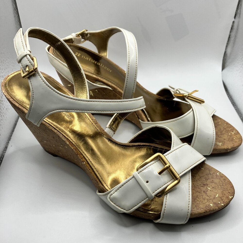 Naturalizer Sandals Leather White  Cork 3.5 inch heel New Size 9 Like New
